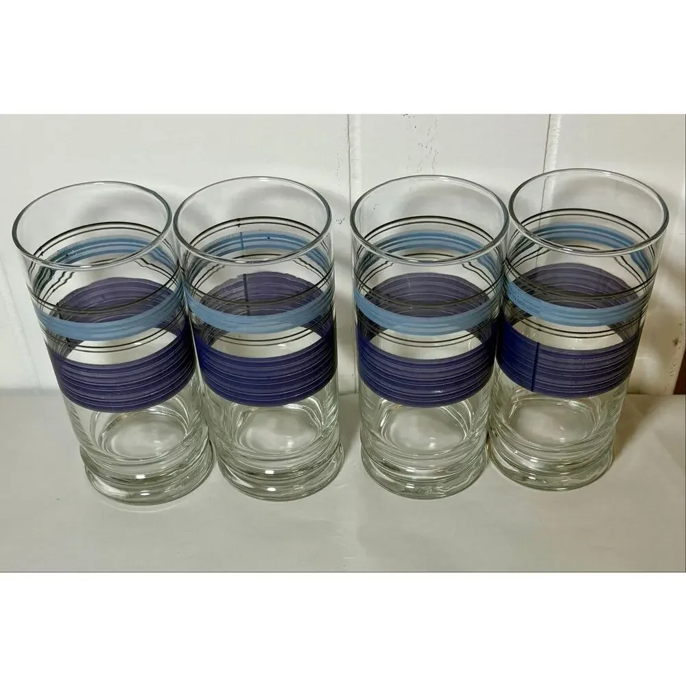 Vintage - Libbey Pfaltzgraff- Blue/Purple Banded Tumbler Glasses - Set of 4